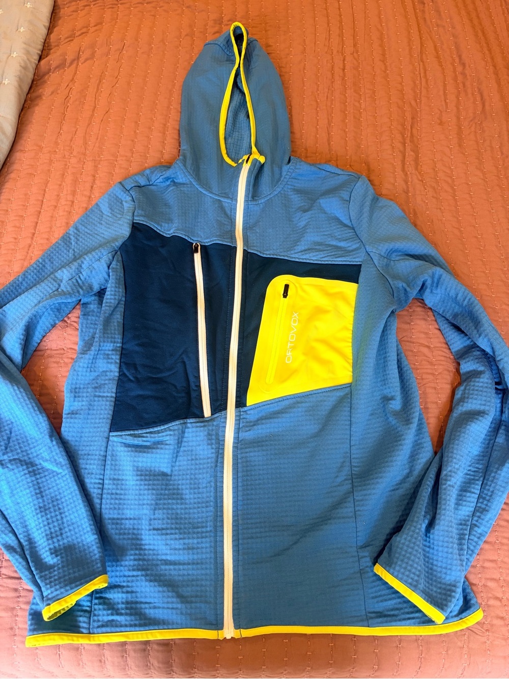 Men's Blue Hooded Ski Jacket with Yellow Accents